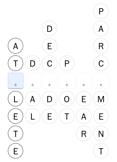 screenshot of Keyword, showing six incomplete words and a hidden secret word