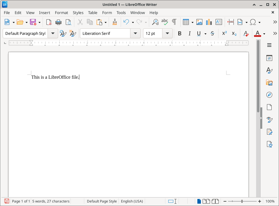 screenshot of a 1-line test file in LibreOffice Writer