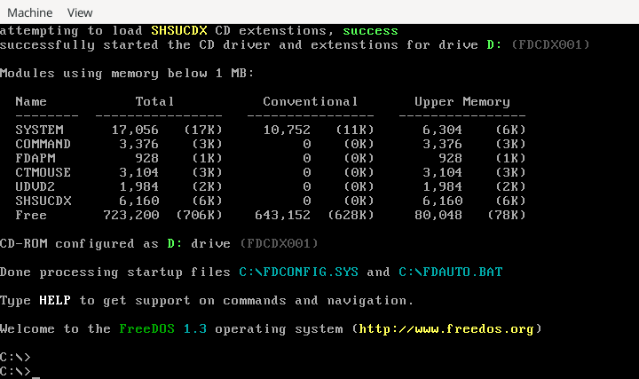 screenshot of FreeDOS 1.3 booting on QEMU