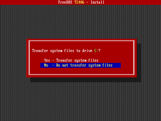 screenshot of the FreeDOS T2406 installer, skipping the SYS step