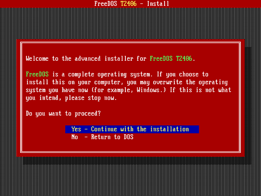 screenshot of the FreeDOS T2406 installer in Advanced Mode