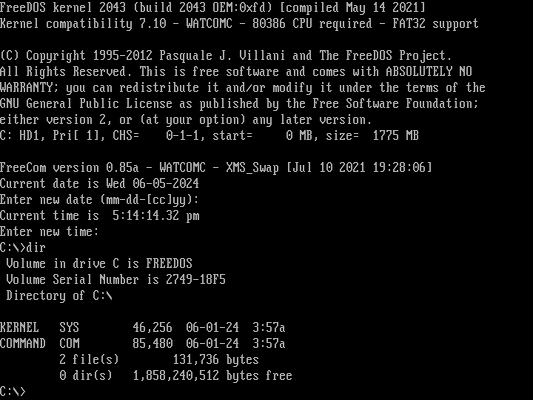 screenshot of FreeDOS booting on the Pocket 386