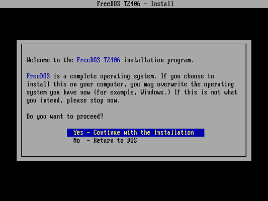 screenshot of the FreeDOS T2406 installer