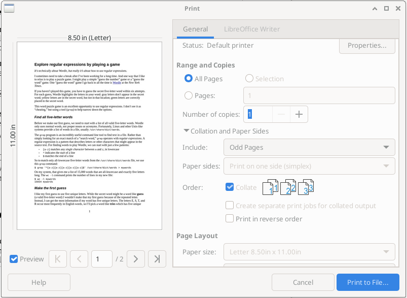 Printing odd-numbered pages from LibreOffice