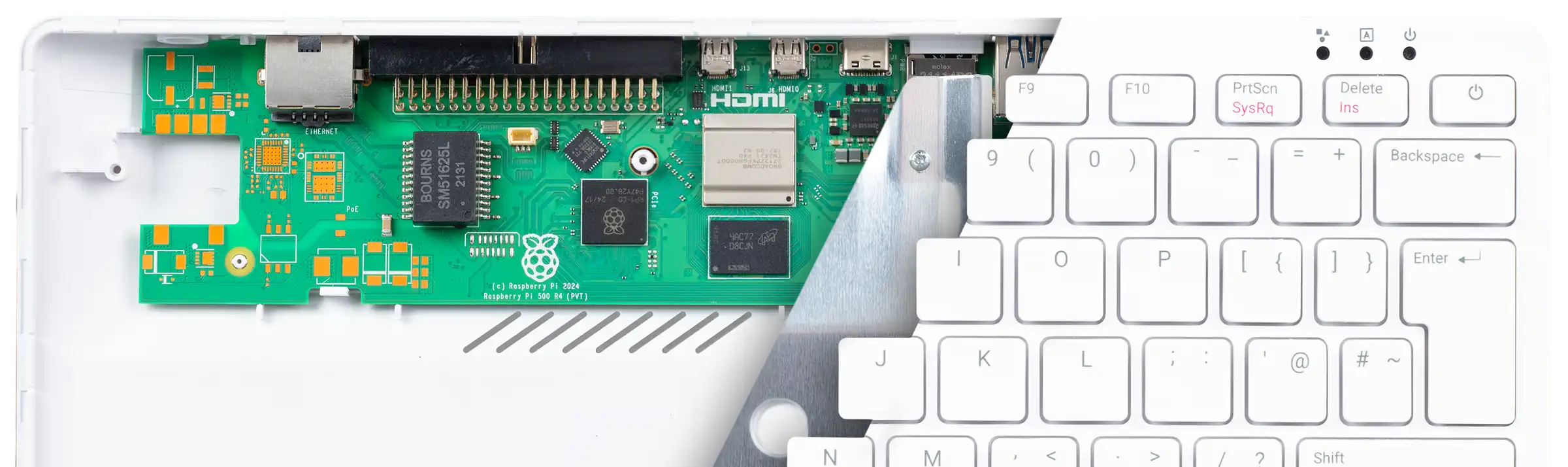 Raspberry Pi 500 cutaway showing interior on the left and exterior on the right.